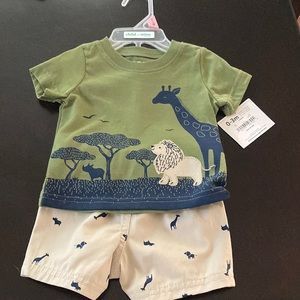 CARTERS 2 PC SET 0-3 MO ZOO THEME NWT TAN BLUE OLIVE GREEN